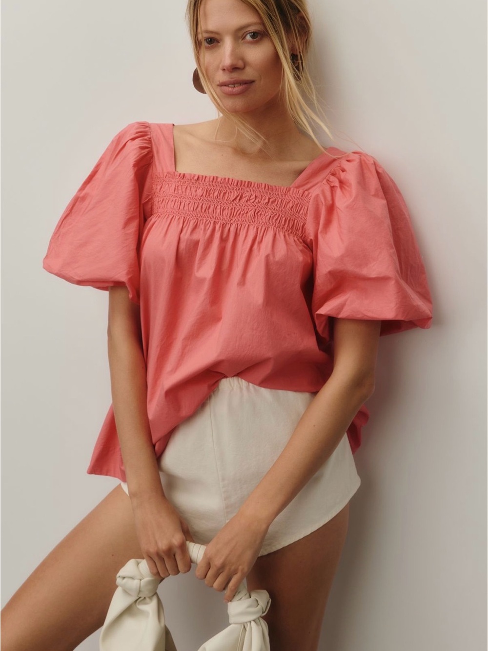 Anthropologie Pink Puff‑Sleeve Square‑Neck Blouse